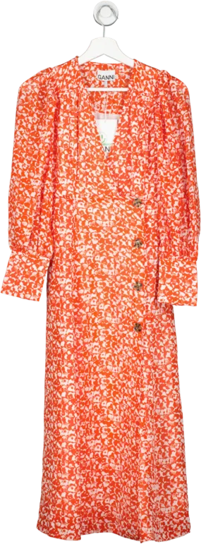 Ganni Orange Balloon-sleeve Floral-print Crepe Midi Dress UK 4