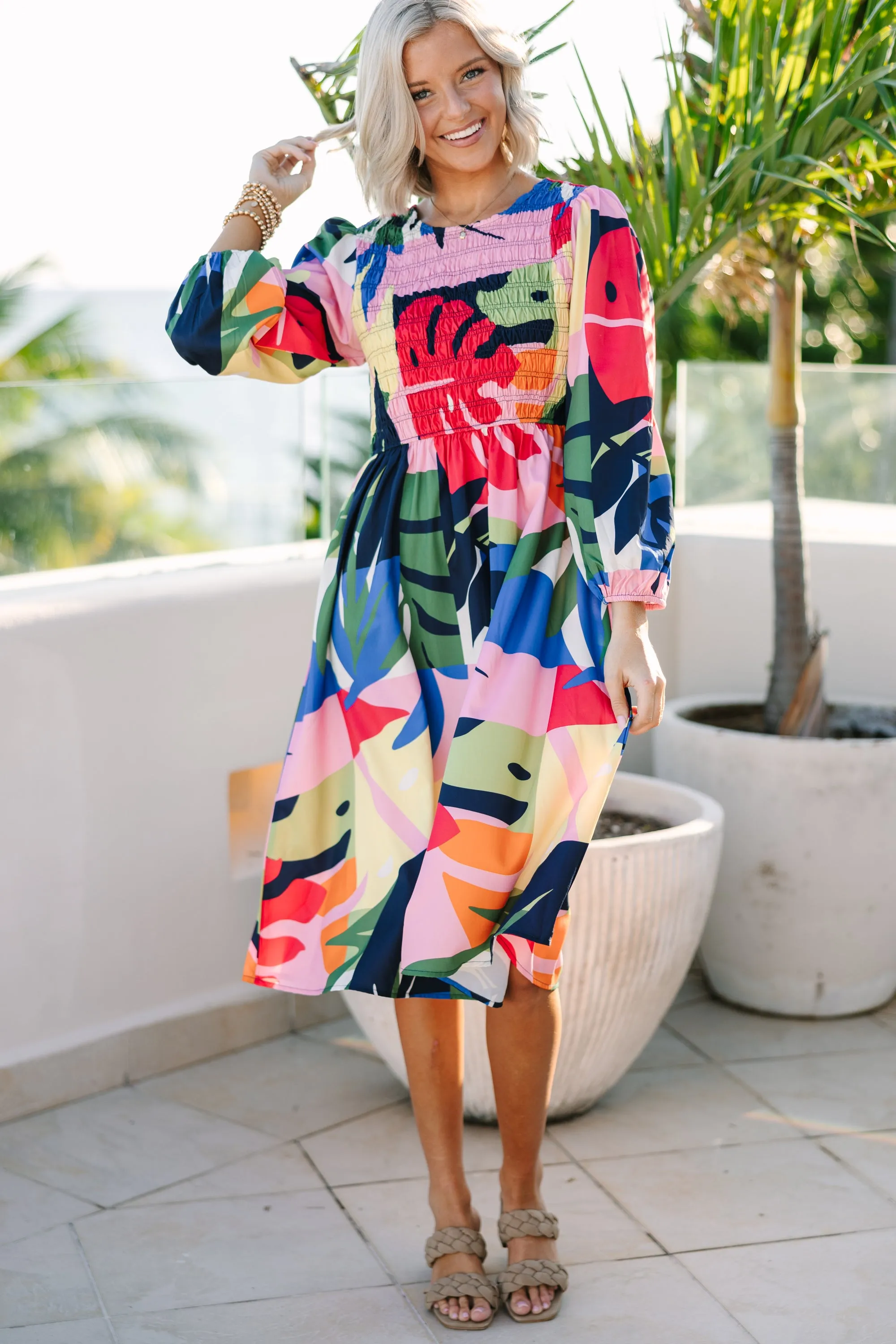 Get What You Want Navy Blue Abstract Print Midi Dress