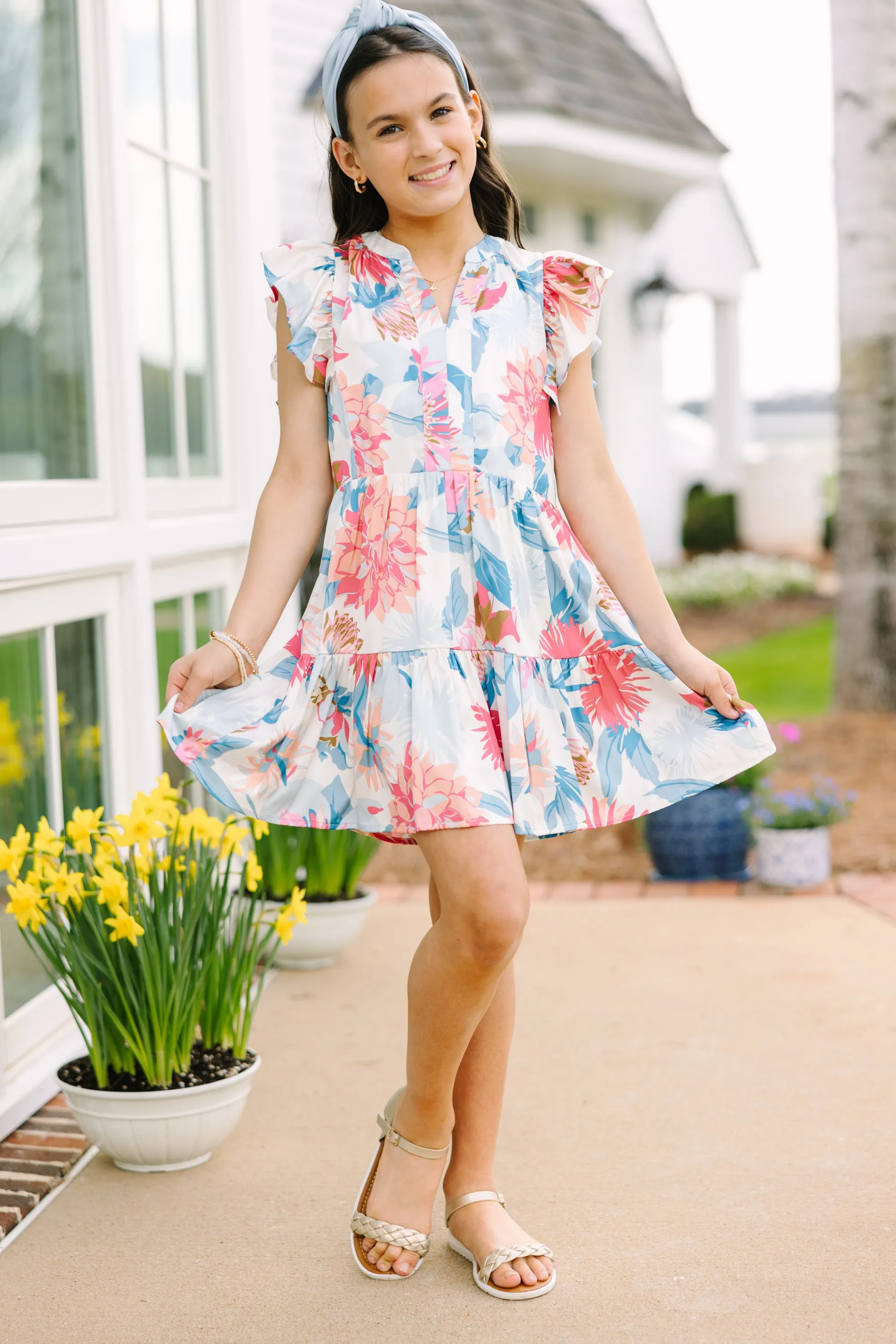 Girls: At This Time Blue Peach Combo Floral Babydoll Dress