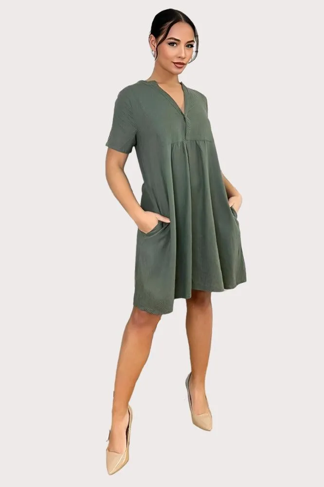 Grandad Collar Linen Blend Shift Dress