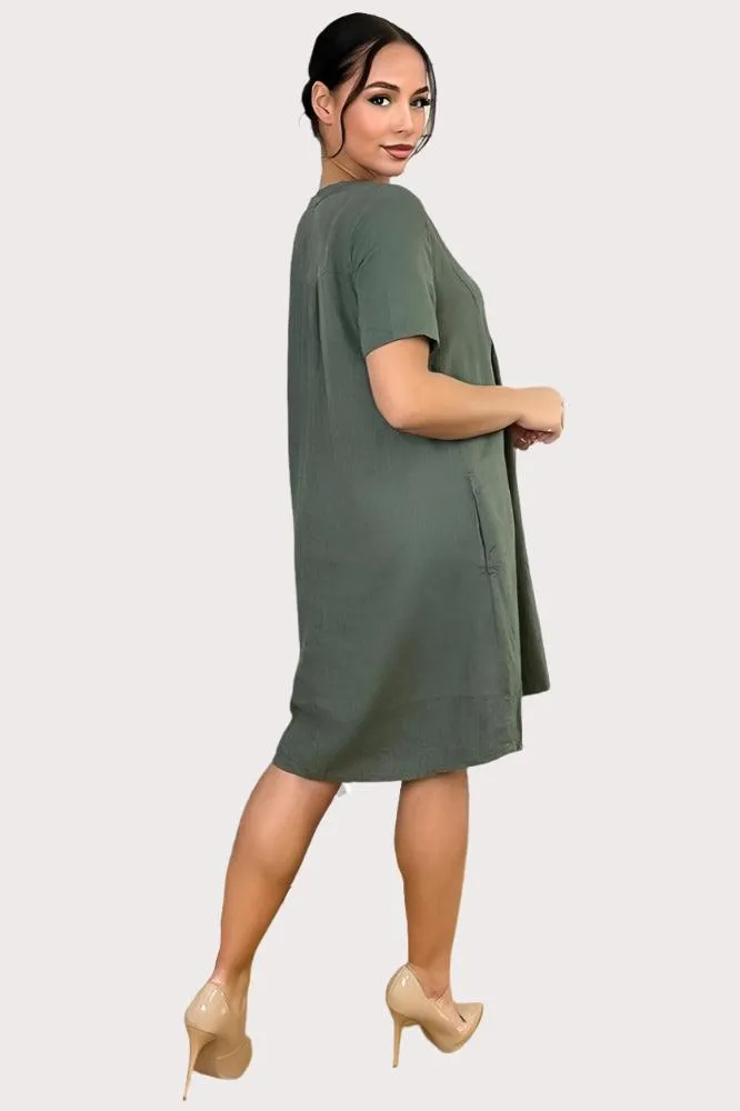 Grandad Collar Linen Blend Shift Dress