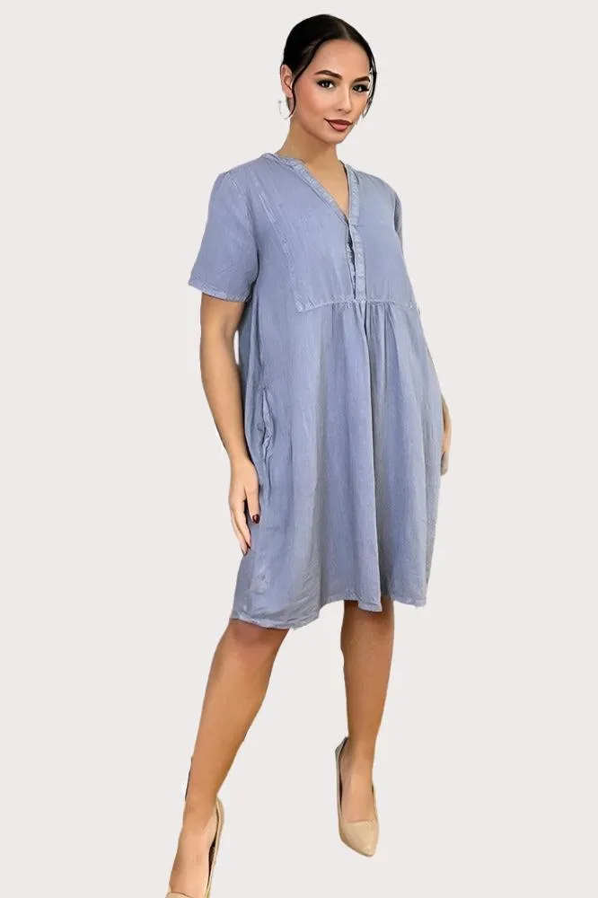 Grandad Collar Linen Blend Shift Dress