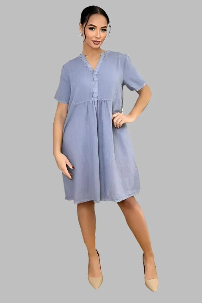 Grandad Collar Linen Blend Shift Dress