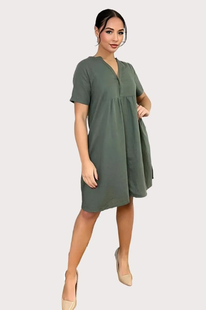 Grandad Collar Linen Blend Shift Dress