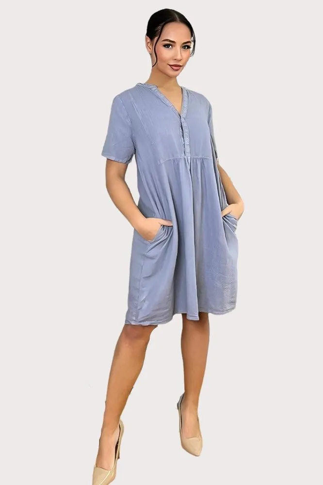 Grandad Collar Linen Blend Shift Dress