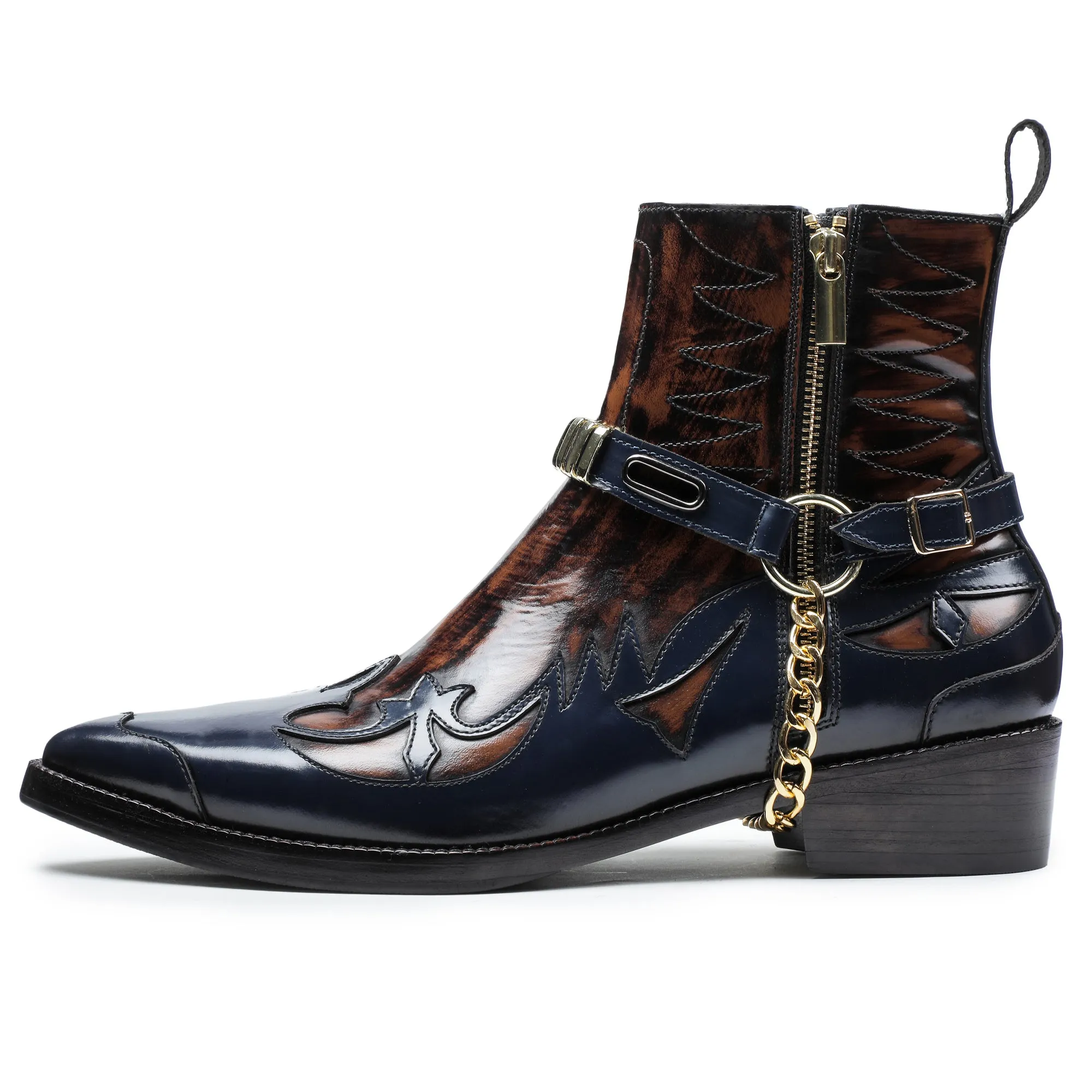 Navy & Brown Leather Harness Boots for Men - Stylish & Durable Footwear