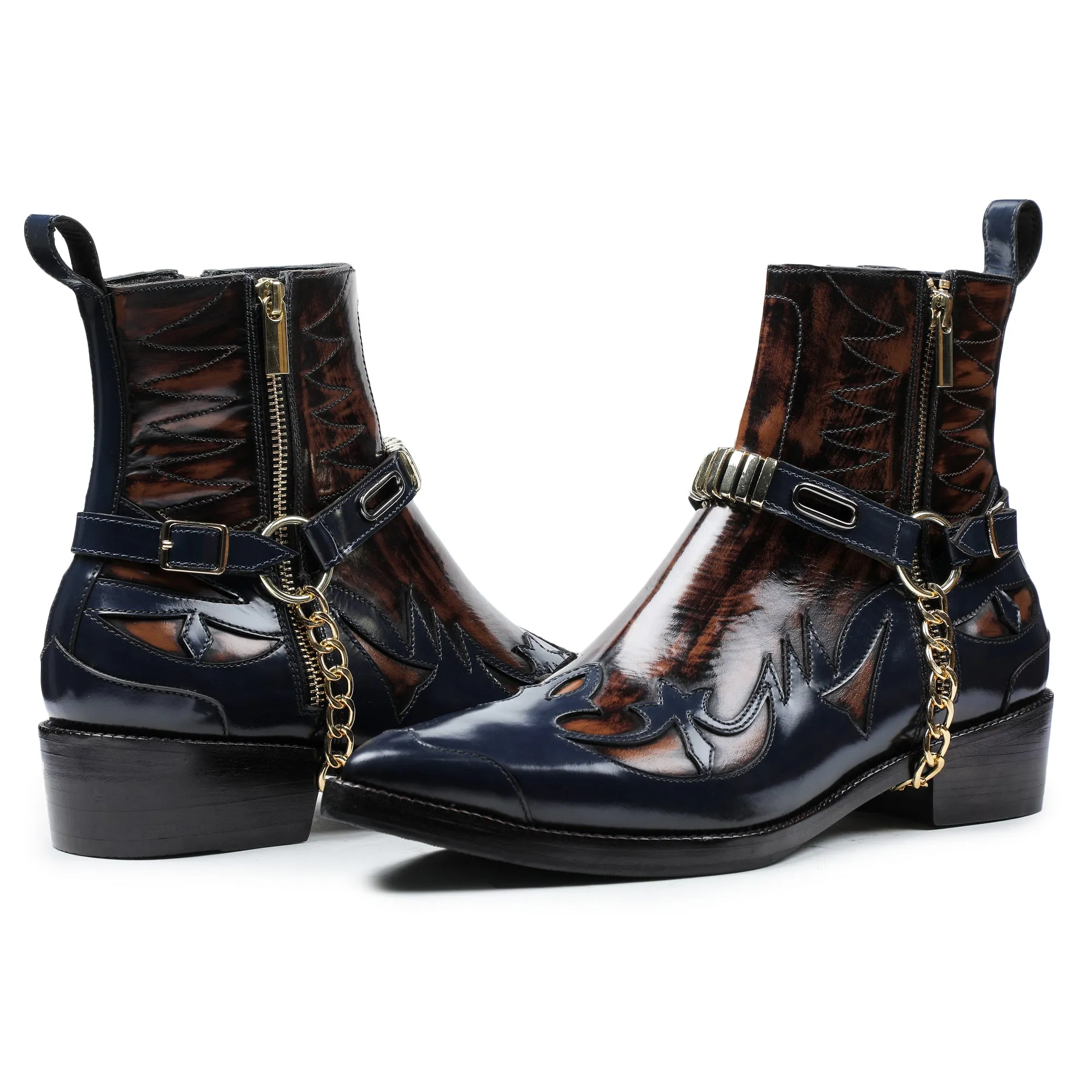 Navy & Brown Leather Harness Boots for Men - Stylish & Durable Footwear