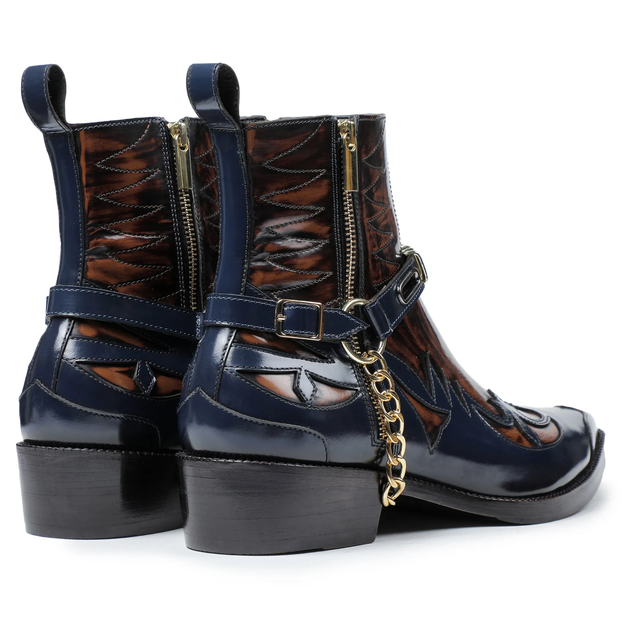 Navy & Brown Leather Harness Boots for Men - Stylish & Durable Footwear