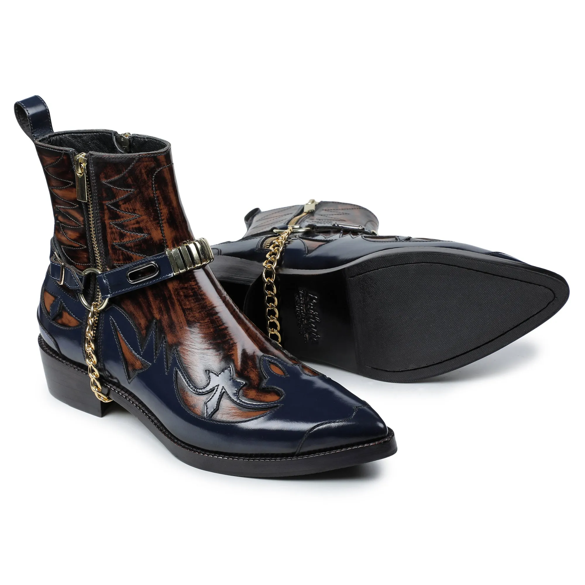 Navy & Brown Leather Harness Boots for Men - Stylish & Durable Footwear