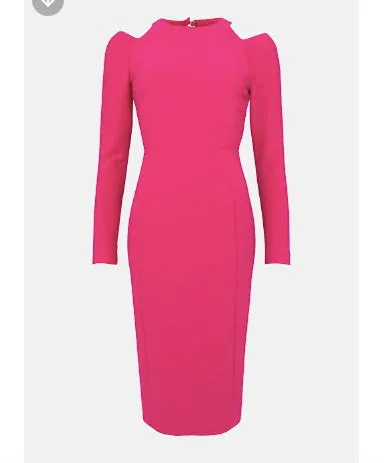 Karen Millen Pink Figure Form Stretch Woven Cut Out Midi Dress UK 8