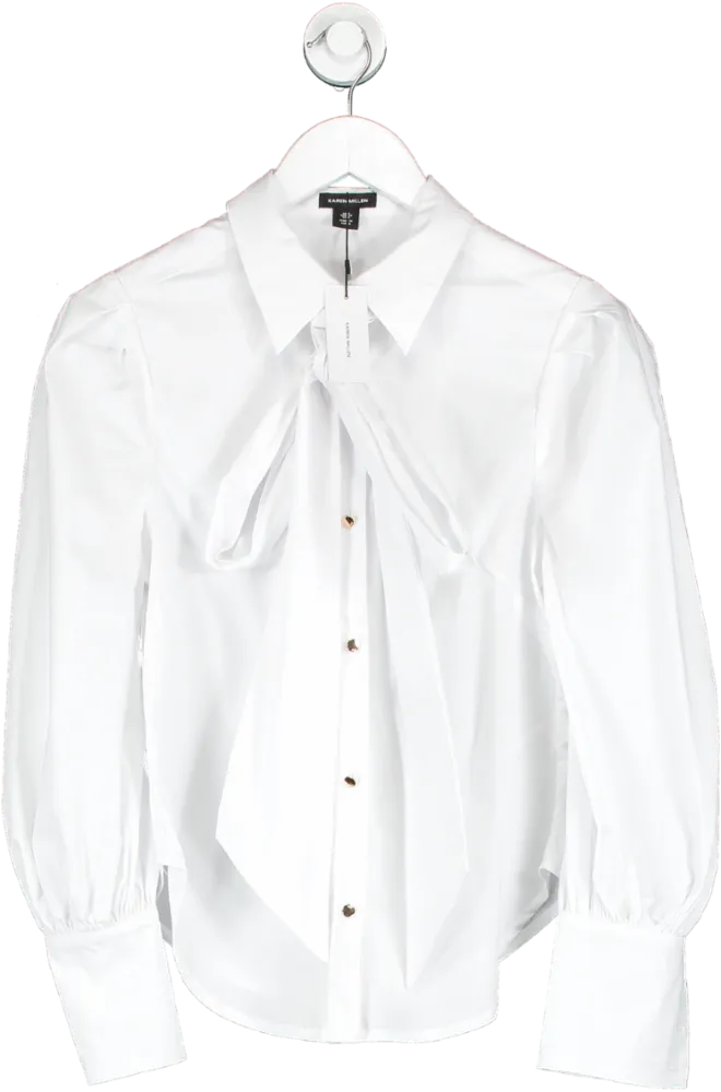 Karen Millen White Cotton Poplin Tie Collar Statement Sleeve Blouse UK 6