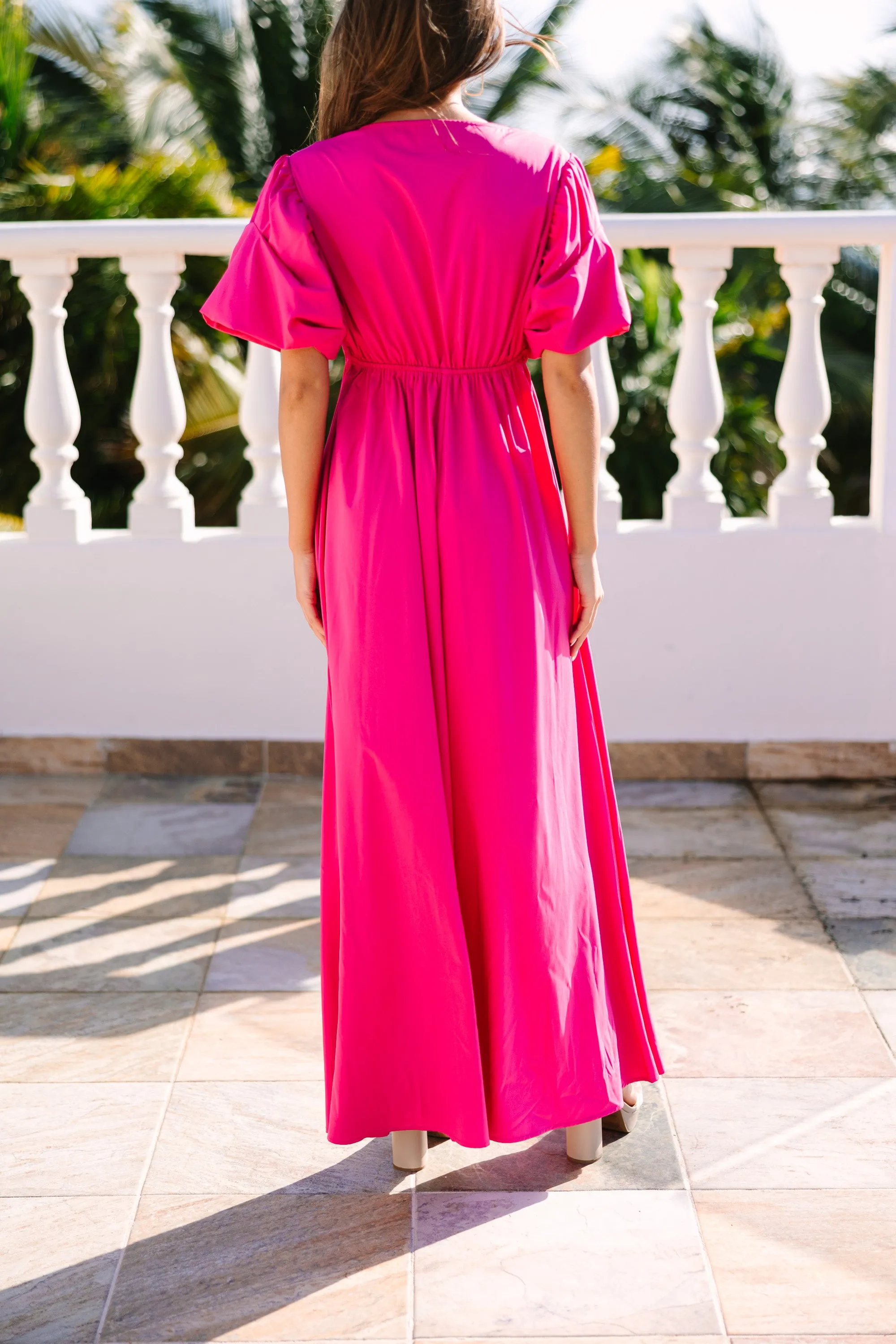 Keep It Up Fuchsia Pink Puff Sleeve Maxi Dress