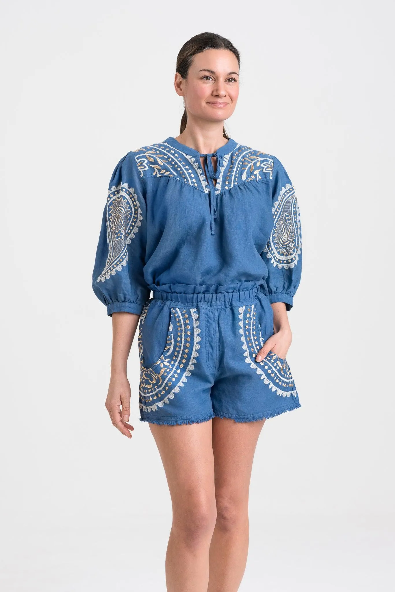 Kori Embroidered Linen Blouse | Indigo & Gold