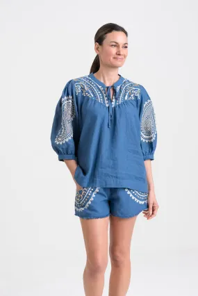 Kori Embroidered Linen Blouse | Indigo & Gold