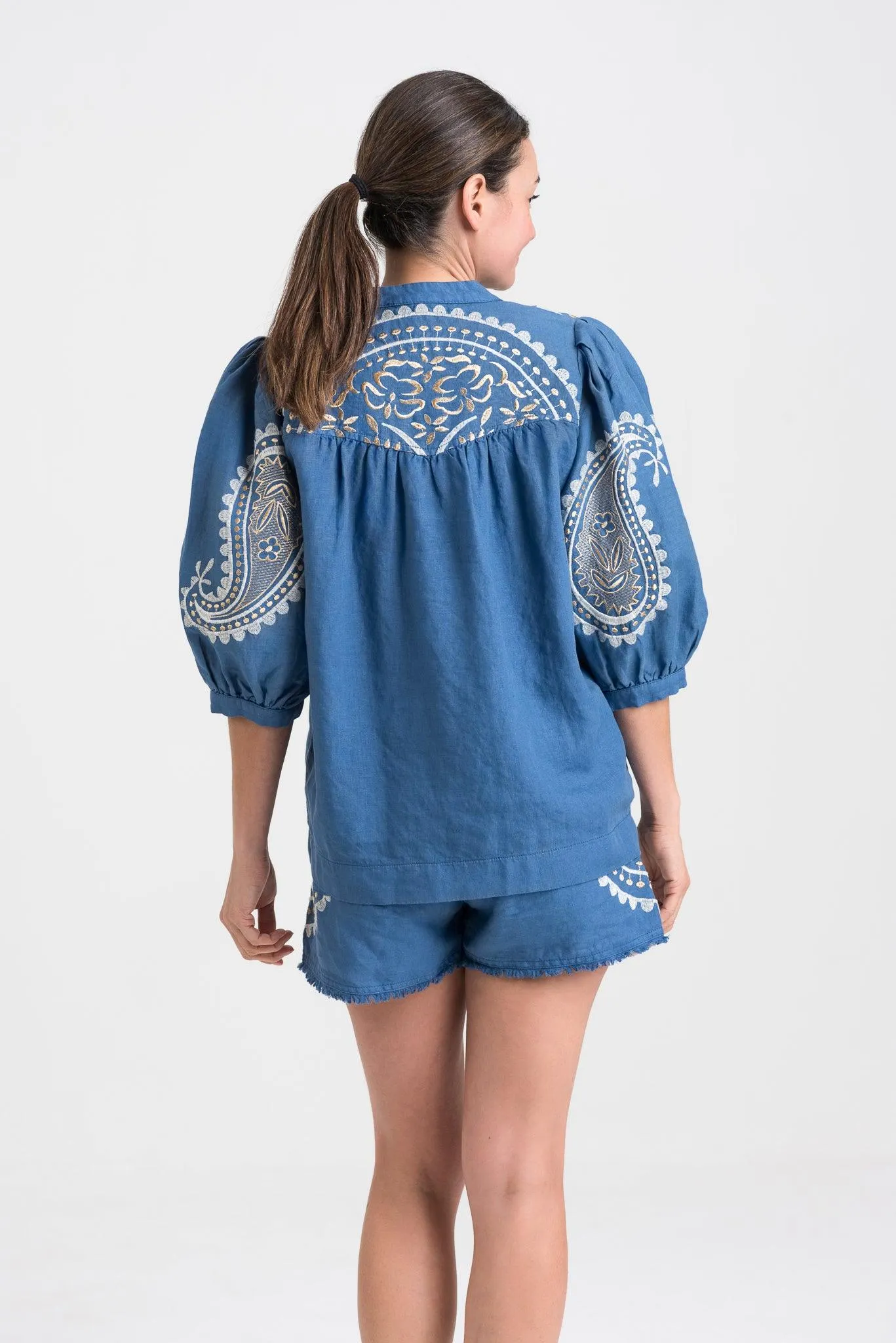 Kori Embroidered Linen Blouse | Indigo & Gold