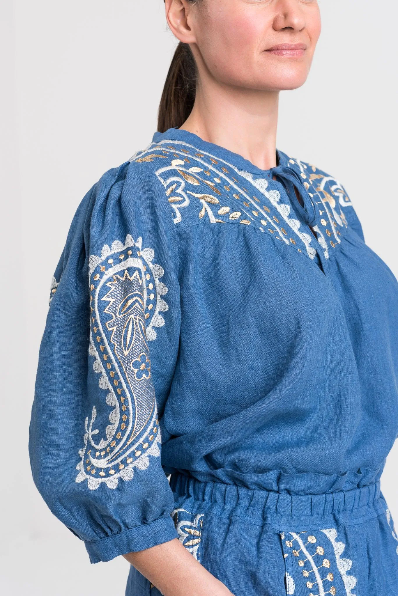 Kori Embroidered Linen Blouse | Indigo & Gold