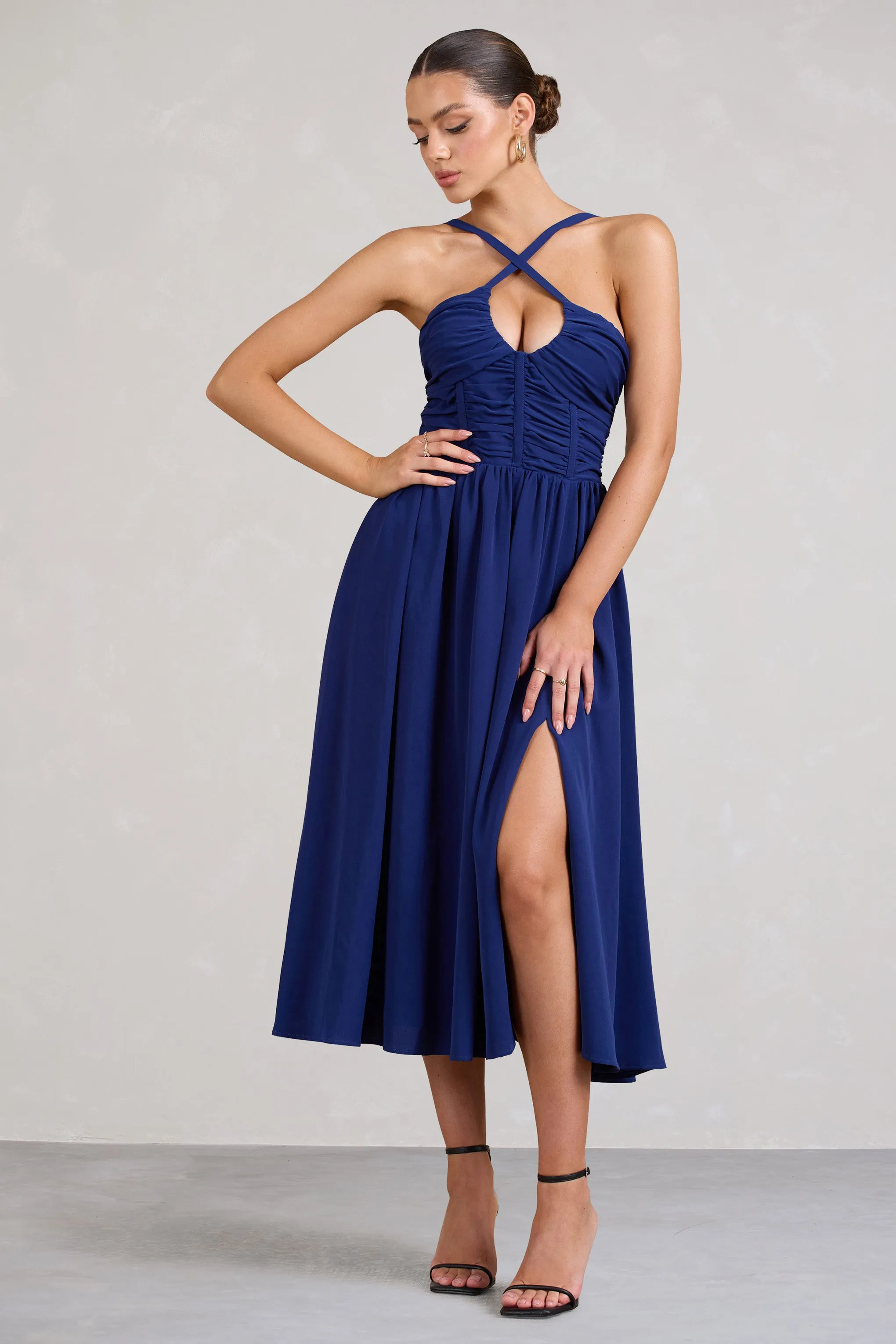 Lady Loren | Navy Ruched Cross-Strap Split Midi Dress