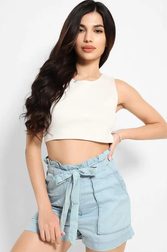 Light Blue Thin Denim Paperbag Waist Shorts