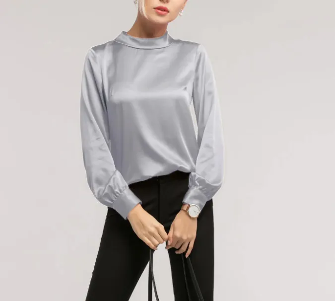 LILYSILK Grey Stand Collar Long Sleeves Silk Blouse UK L