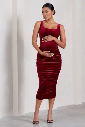 Lisbon | Berry Velvet Maternity Square Neck Ruched Midi Dress