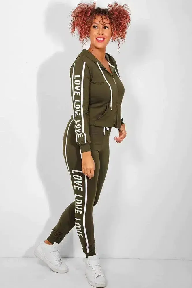 Love Slogan Print Khaki Tracksuit