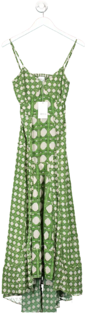 MISA Los Angeles Maxi Dress - Green Bamboo Print, Cut-Out Back, UK XS