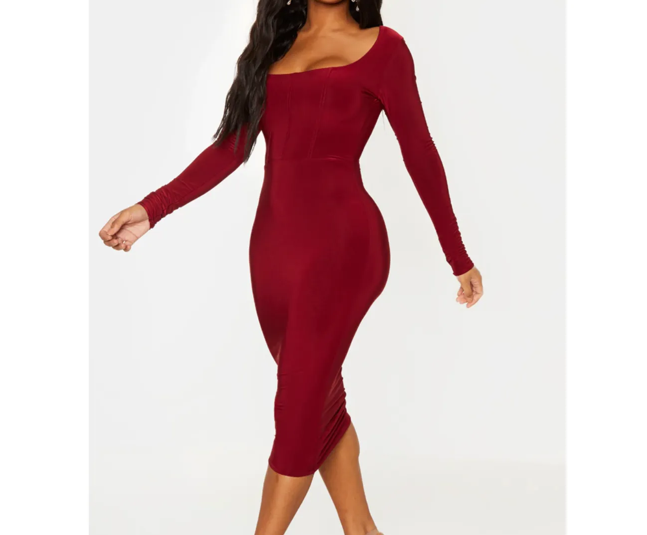 Missguided Red Shape Burgundy Slinky Panelled Long Sleeve Midi Dress Bnwt UK 8