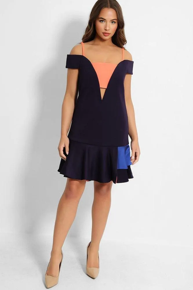 Navy Coral Frill Trims Structured Dress