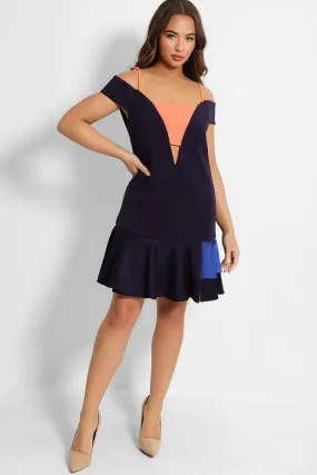 Navy Coral Frill Trims Structured Dress