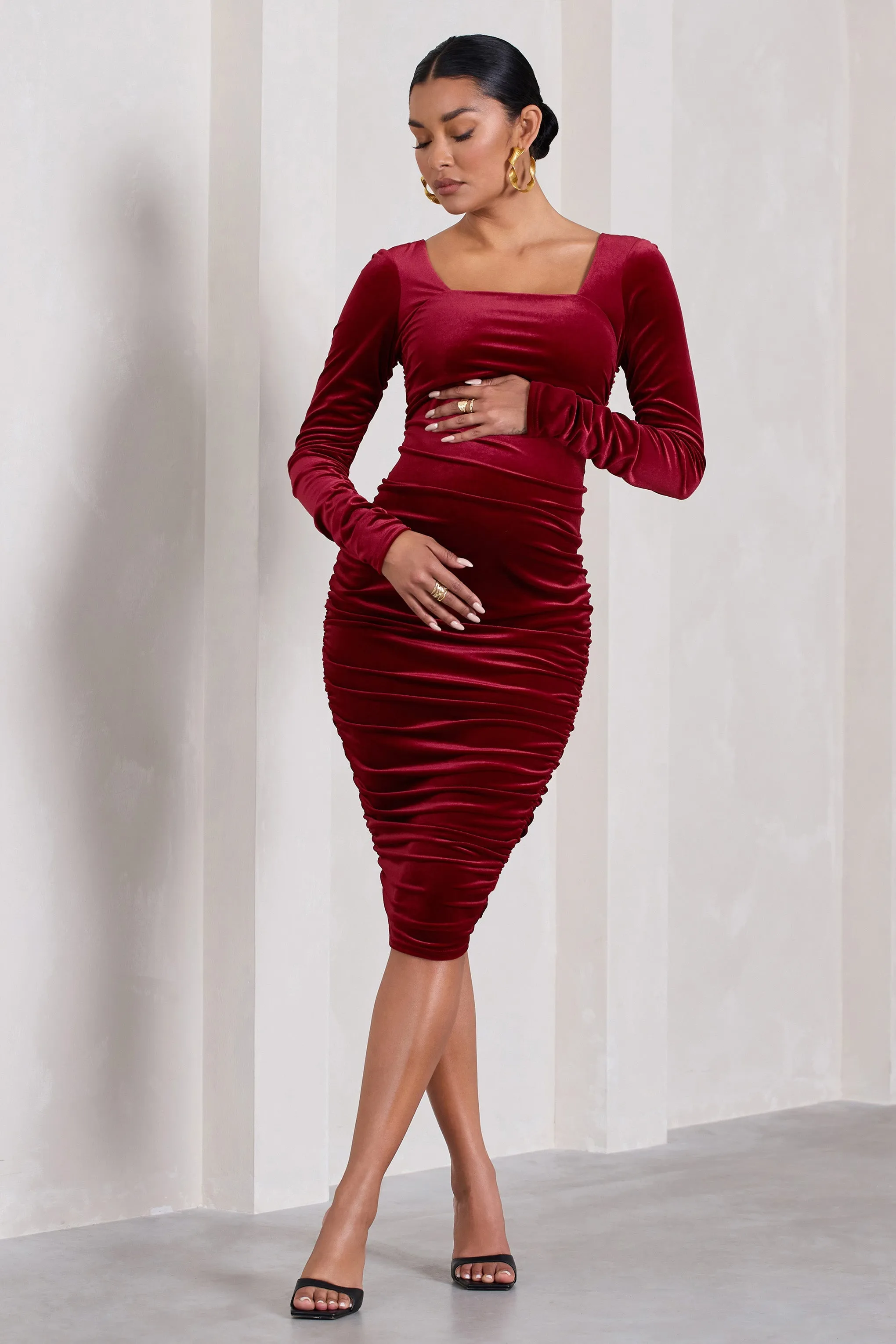 Berry Velvet Square Neck Ruched Maternity Midi Dress for New Life