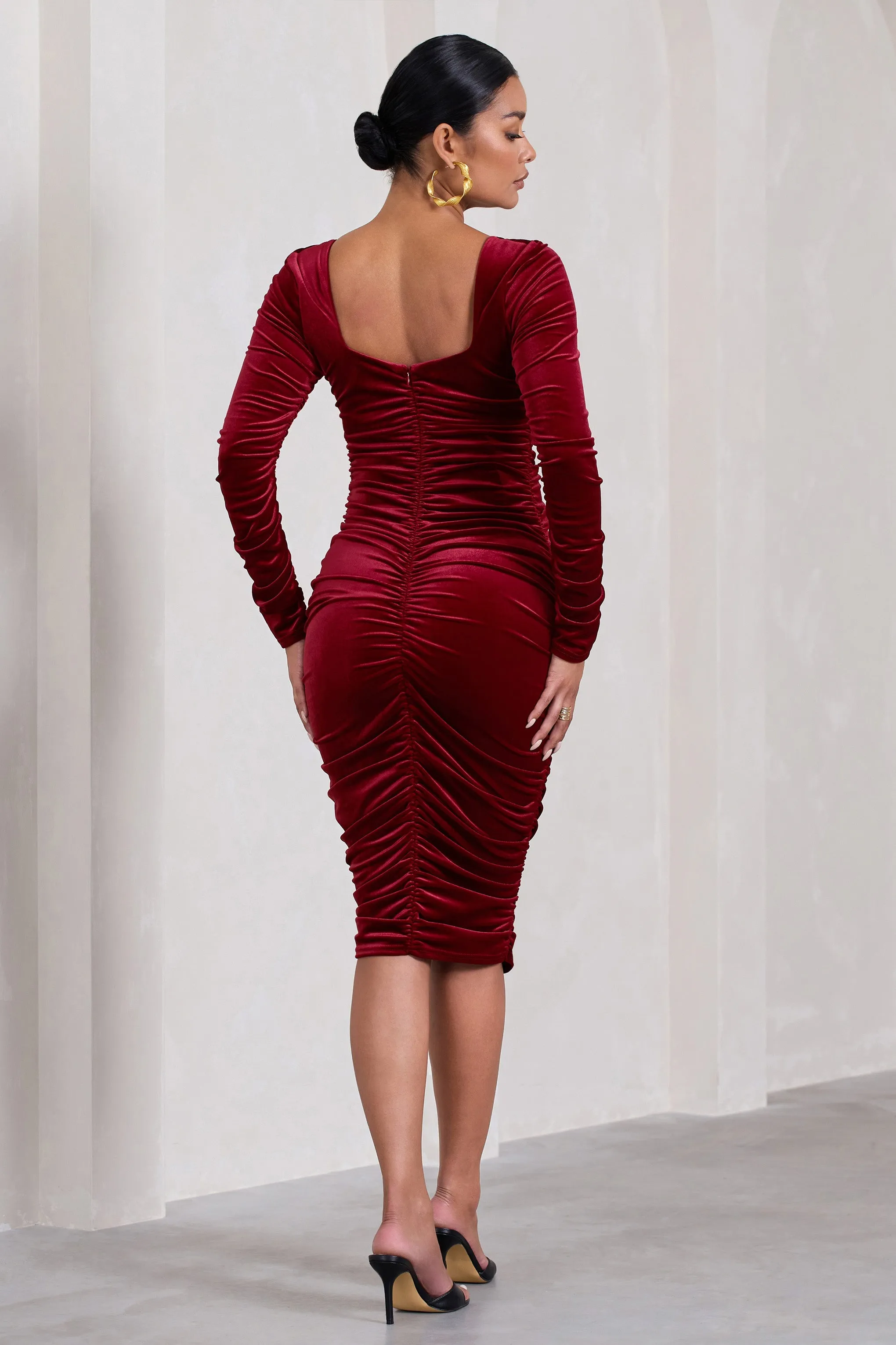 Berry Velvet Square Neck Ruched Maternity Midi Dress for New Life