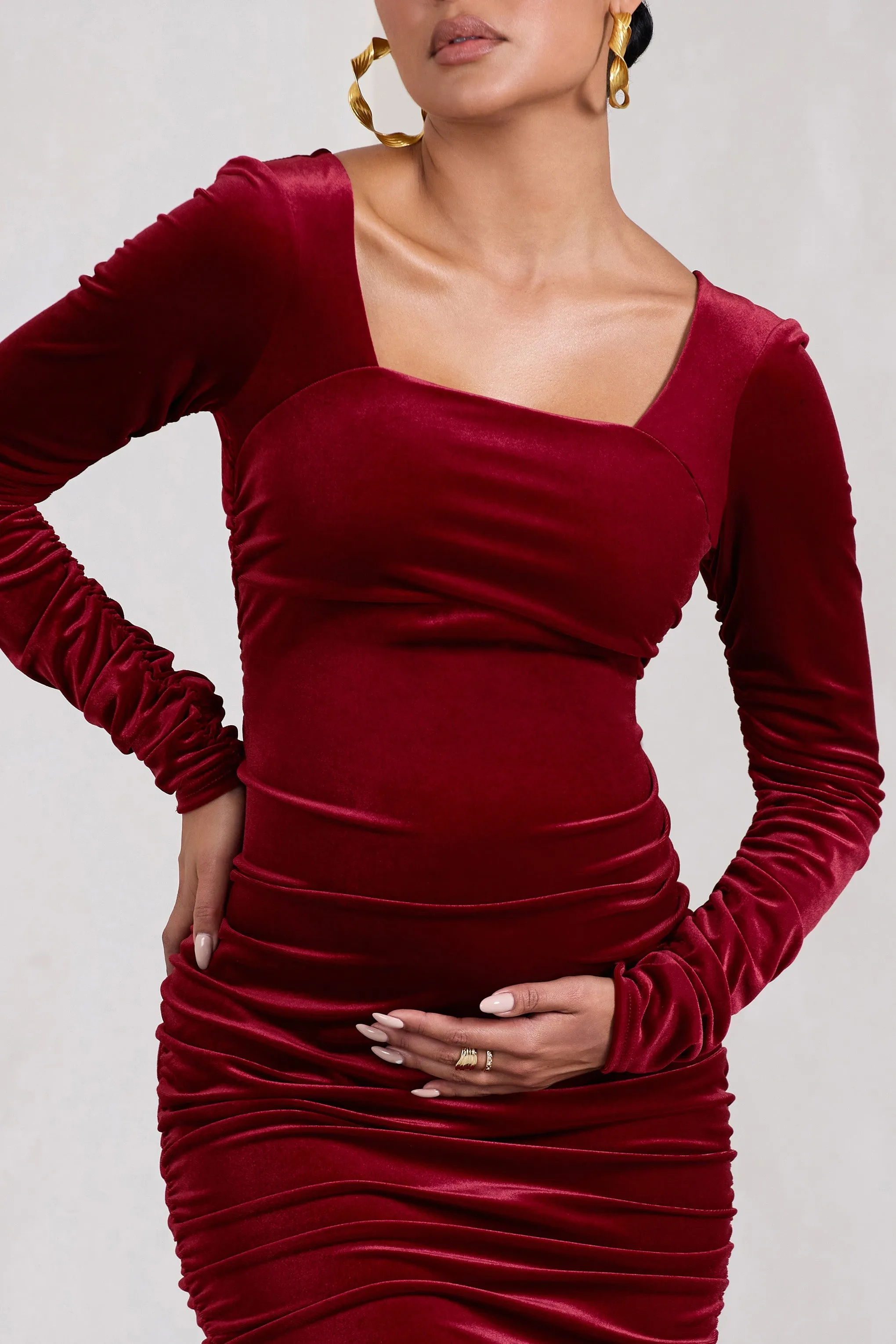 Berry Velvet Square Neck Ruched Maternity Midi Dress for New Life