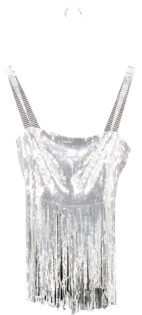 No Pise La Grama Metallic Silver Sequin Fringed Constelacion Top UK M