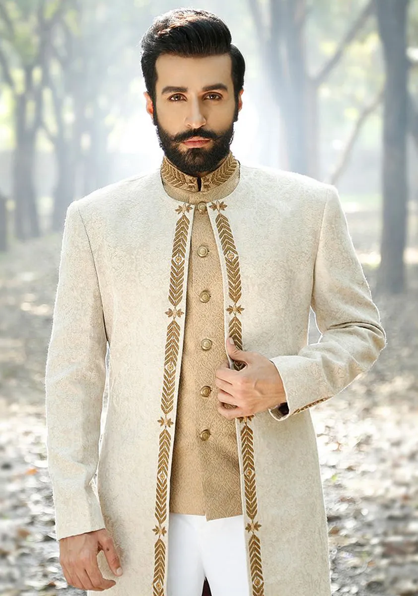 Premium Jamawar Cream Sherwani