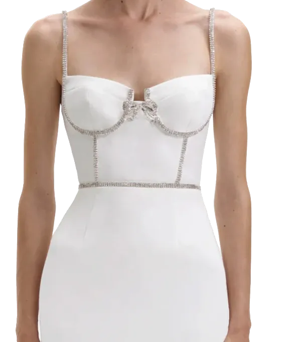 Self-Portrait White Bow-tie Crystal-embellished Crepe Mini Dress BNWT UK 14