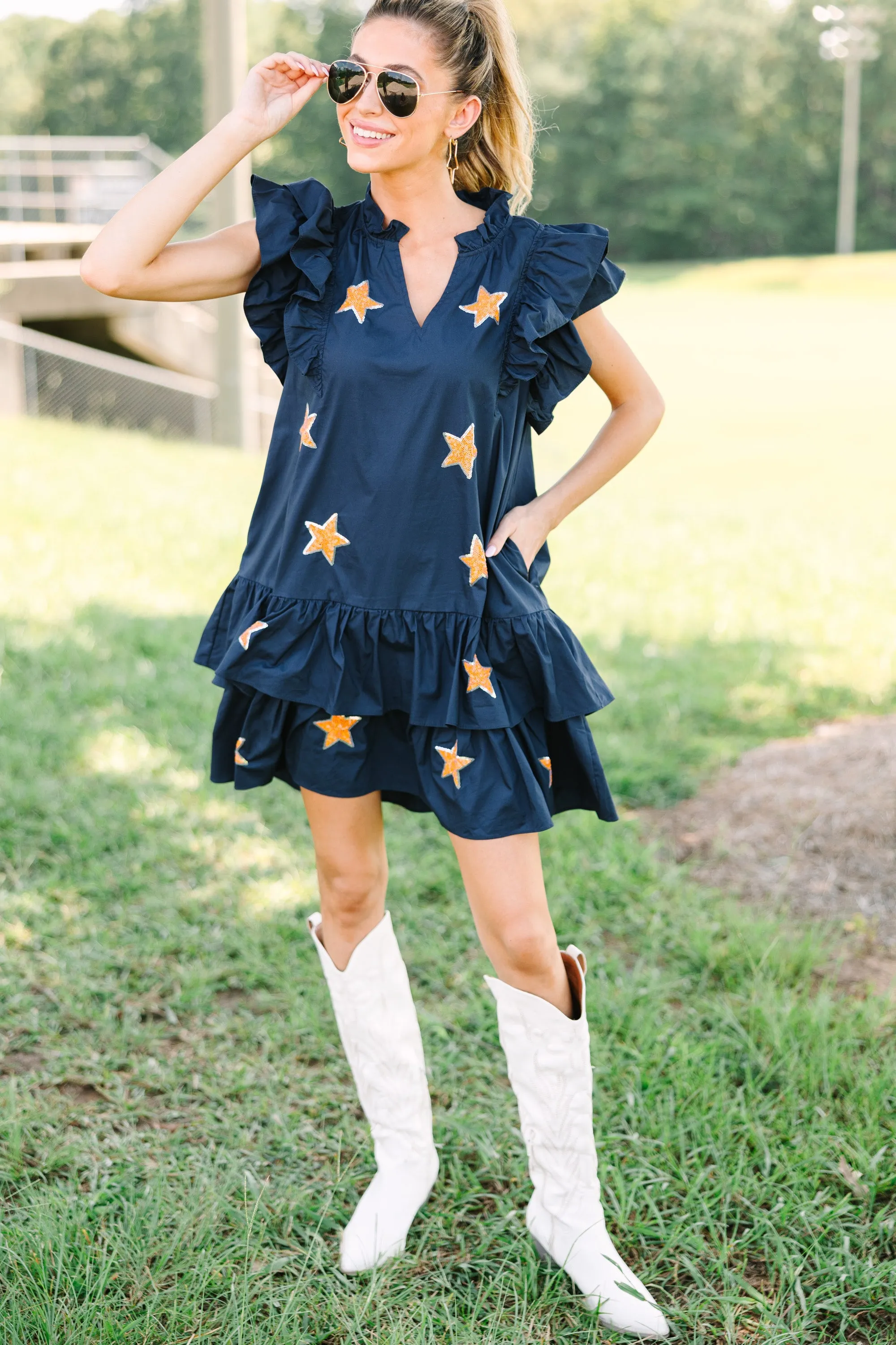 Navy Blue Sequined Star of the Show Dress