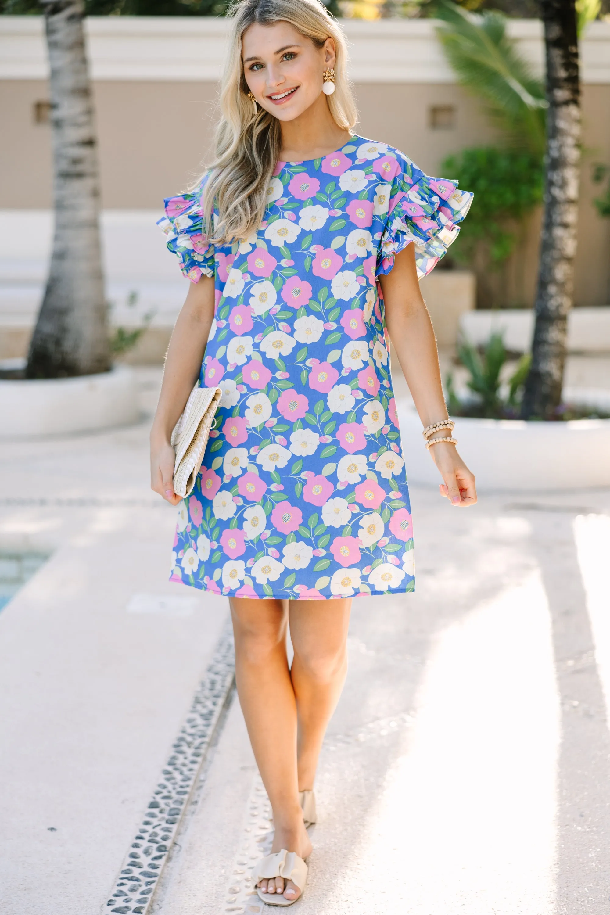 What A Vision Blue Floral Ruffled Dress