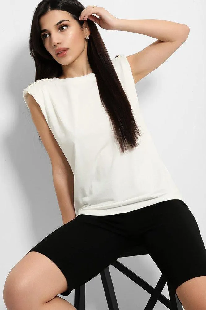 White Black Buttoned Power Shoulder Top And Cycling Shorts Set