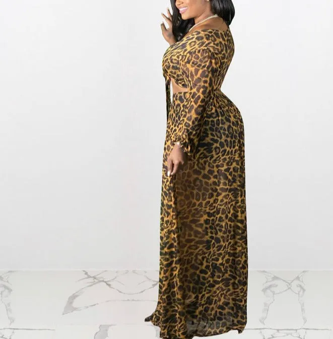 WOMEN CHEETAH PRINT TWIN LONG SLEEVE LACE UP TOP AND SKIRT OUTFIT SET