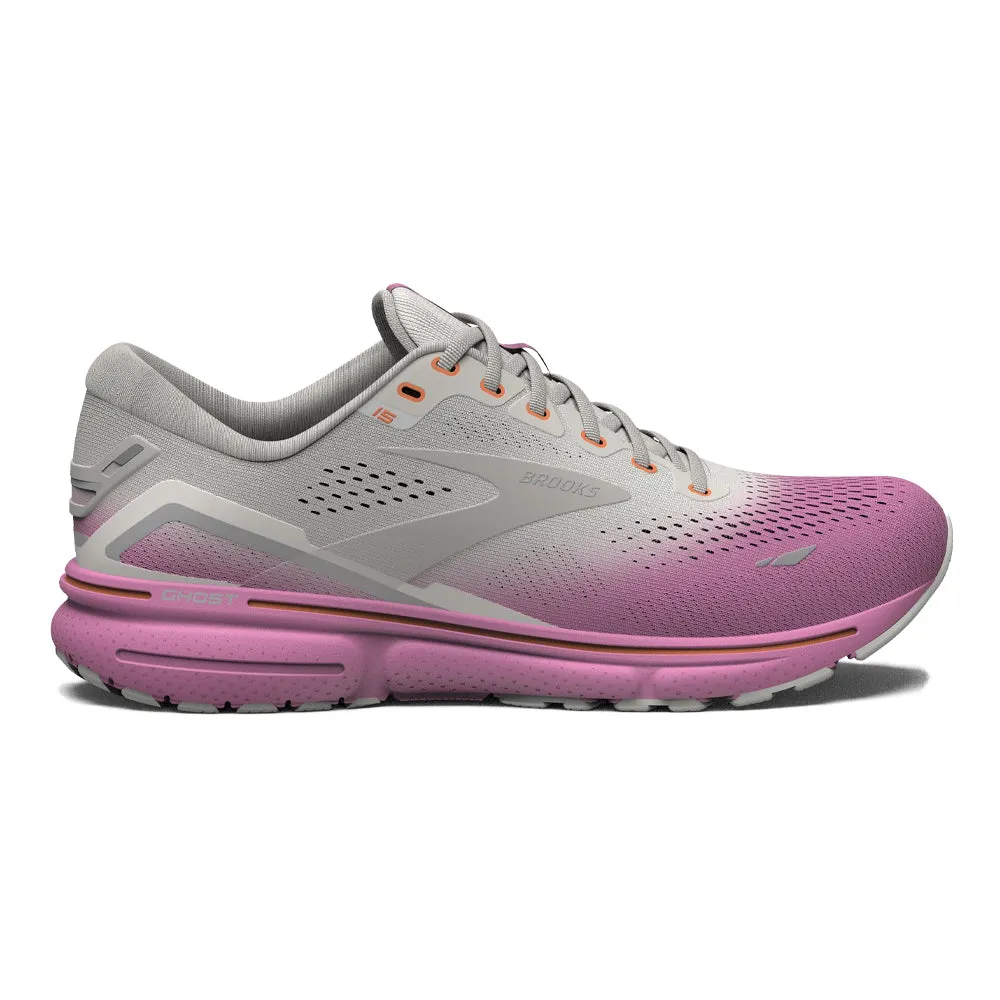 Women's Brooks Ghost 15, Grey/Coconut/Fuchsia, 7.5 B Medium